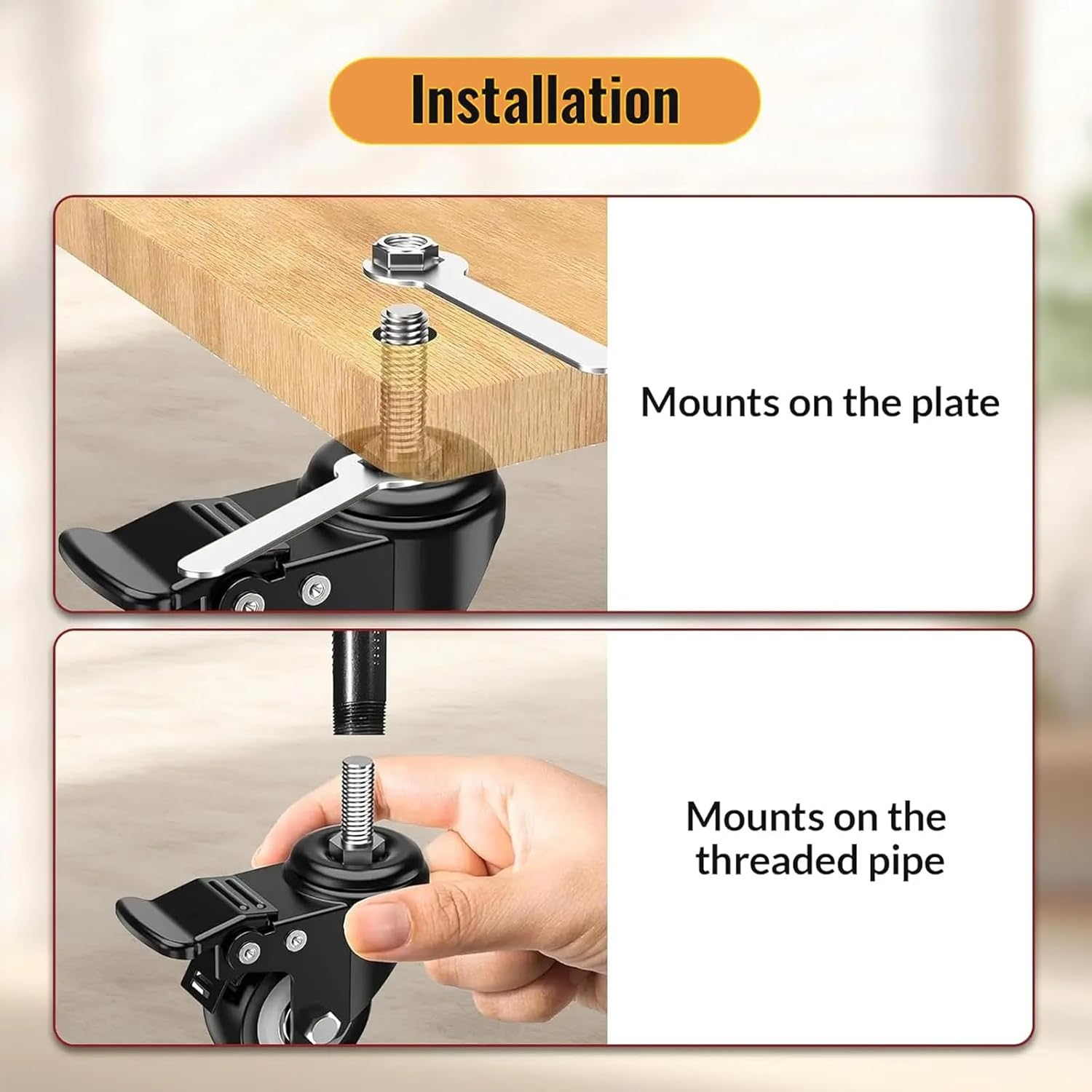 MYLEUS 4PCS 2" Heavy Duty Swivel Castor Wheels with Brake,With M8X25 Threaded Stem and Nuts,No Floor Marks, 600Lbs Capacity, for Furniture Workbench Trolley image number 2
