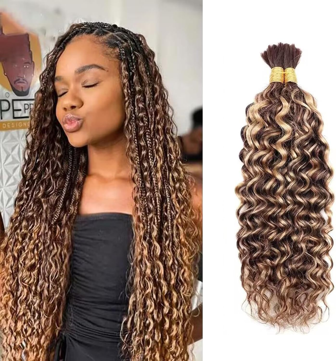 Daimer Ombre Human Braiding Hair 20 Inch Water Wave Bulk Human Hair for Braiding 2 Bundles/Pack 100 G Brazilian 100% Unprocessed Bilk Human Hair Honey Blonde Braiding Hair for Boho Braids (4/27)