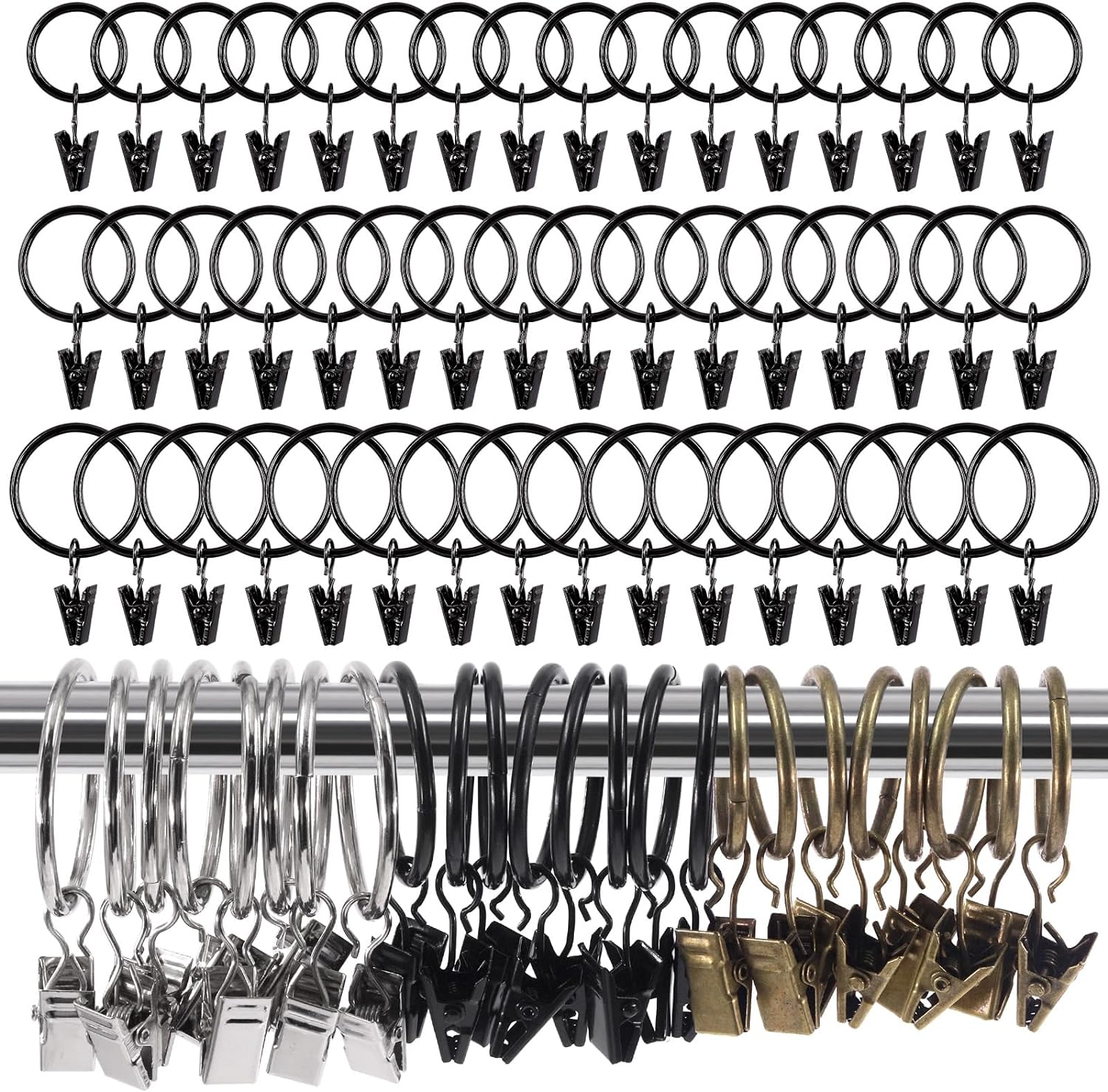Glarks 40Pcs 25Mm/1 Inch Bronze Curtain Rings with Clips, Rustproof Metal Drapery Curtain Hanging Rings with Drapery Clips, Decorative Curtain Rod Clips Rings Hangers for Window Door Shower Curtain