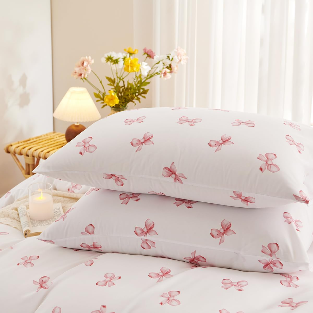 Bildenly Duvet Cover Queen Size Pink Bowknot for Girls' Rooms Fresh Style Bedrooms, Comforter Cover Soft & Lightweight Microfiber Quilt Cover with Zipper Closure and 2 Pillowcases image number 6