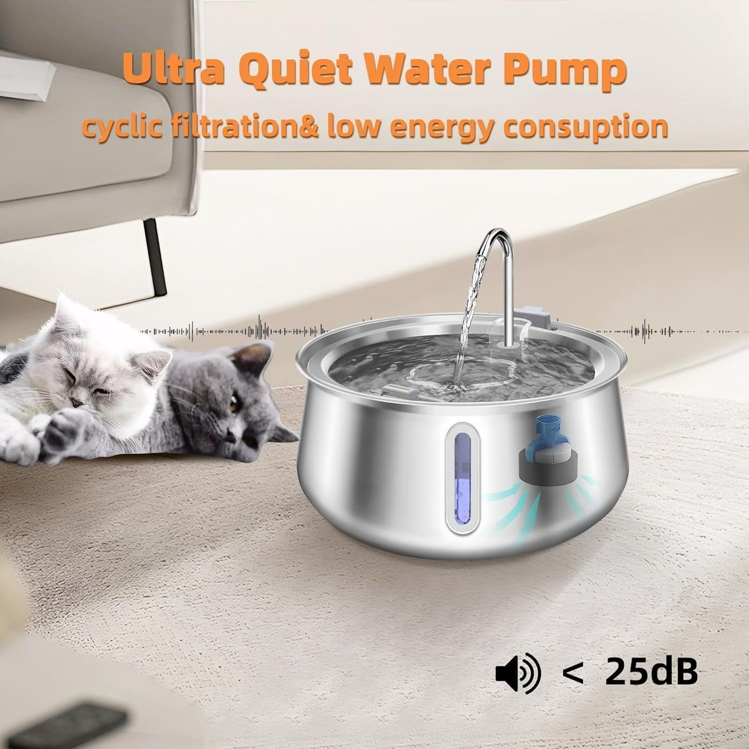 AUSWAY Cat Water Fountain Stainless Steel, 4L Pet Water Fountain with Water Level Window,Ultra Quiet Dog Water Dispenser with Filter and Sponge Faucet Water Fountain for Pet image number 1