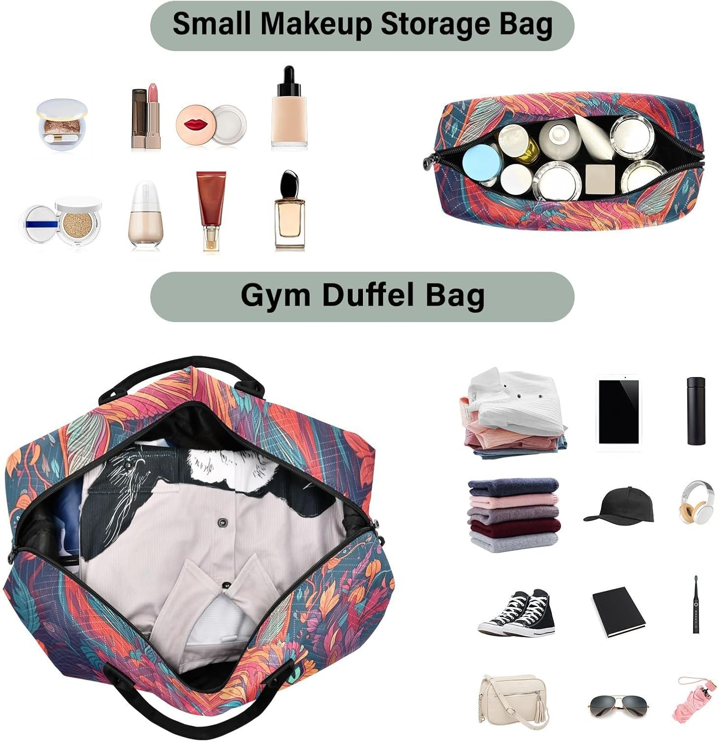 Duffel Bag Set with Toiletry Bag for Travel Gym Sport, Luggage Sleeve Weekender Bag Carry on Overnight Bag-Art Cat Portrait Print, Multicolor, 20.5 X 7.9 X 13.8 Inches+9.1 X 3.5 X 5.9 Inches image number 6
