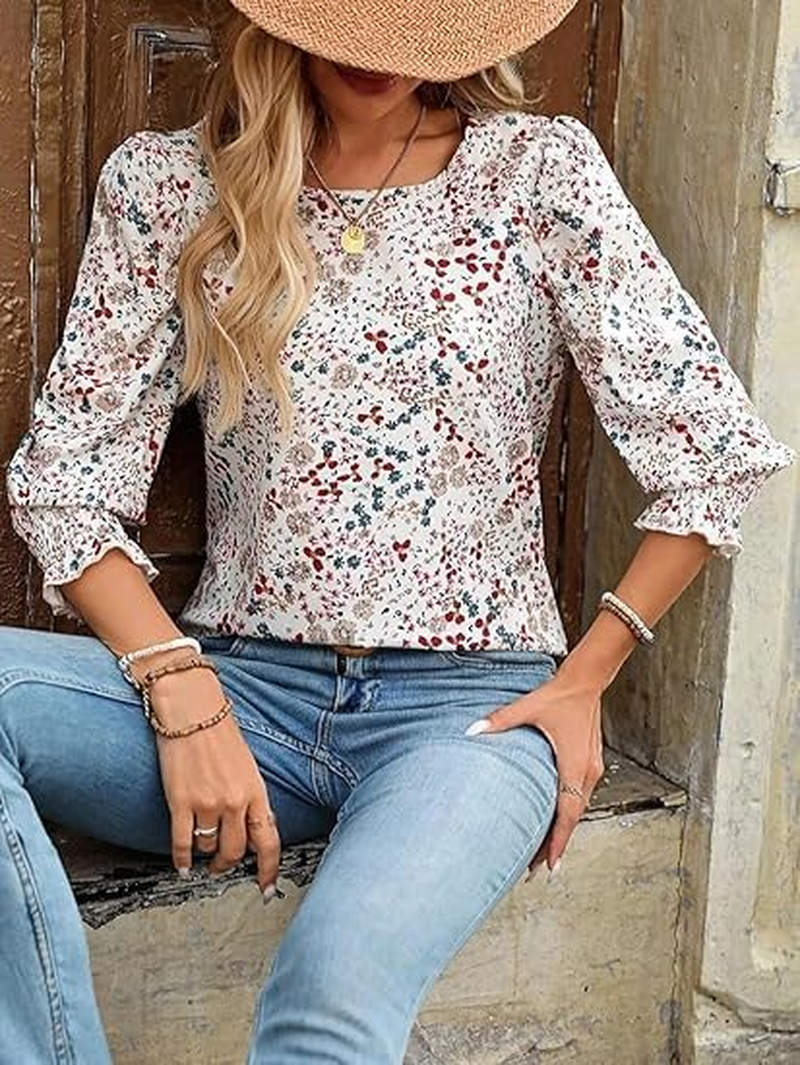 Frontaley Women Sleeve Blouse, Frontley Tops for Women, Dressy Casual 3/4 Length Sleeve Blouses Smocked Cuffs image number 2