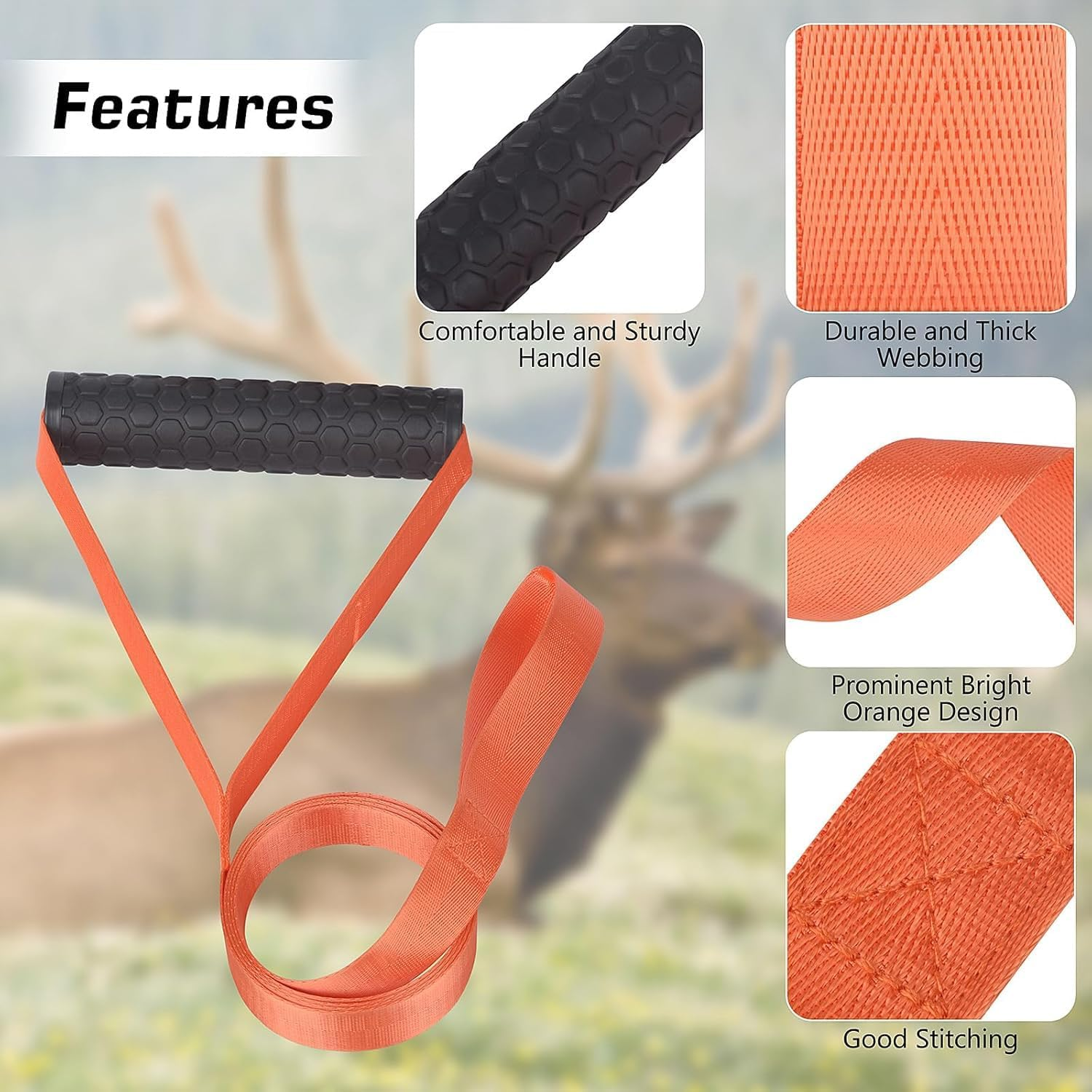 Deer Drag Harness, 2PCS Deer Drag Strap, Deer Pull Strap, Heavy Loading Deer Dragging Rope with Non-Slip Handle, Deer Drags Rope for Hunting Gear, Deer Hunting Harness Strap image number 1