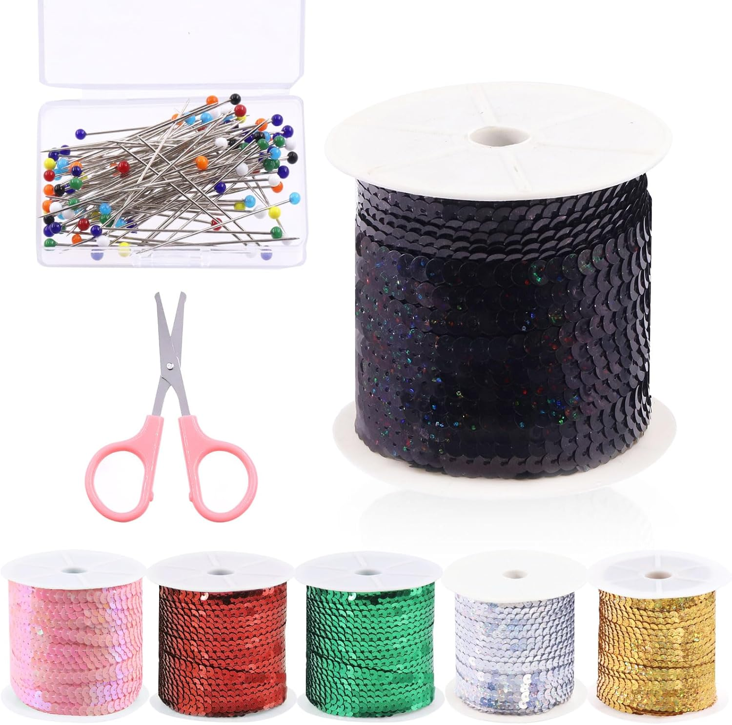 Swpeet 6Mm 100 Yard Black Flat Sequin Strip Teal Sequins Trim Paillette on a Roll and Map Push Pins with Scissors Assortment Kit, Fabric Metallic Stretch Teal Sequin Elastic Trim Embellishments