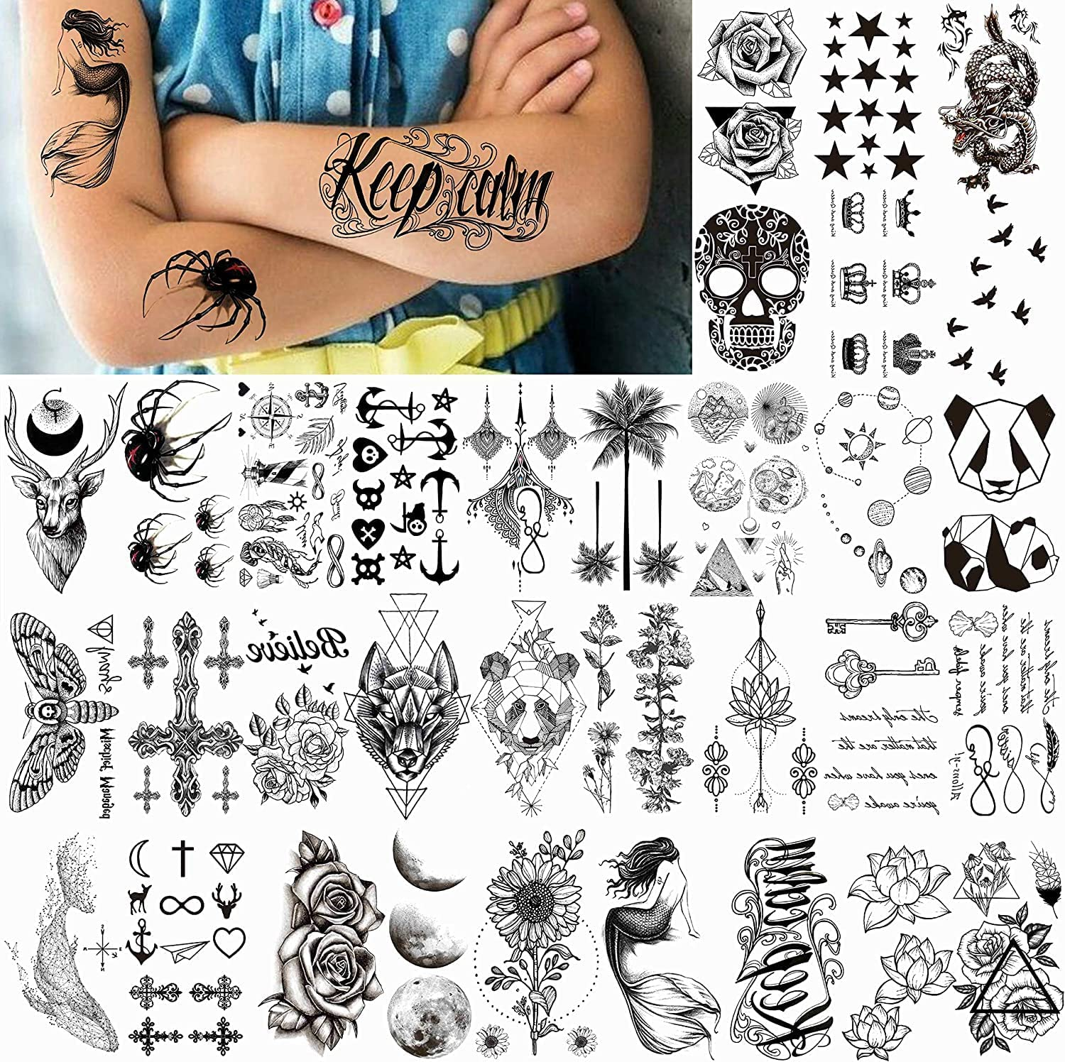 6 Sheets 3D Small Black Temporary Tattoos &ndash; Waterproof Fake Tattoo Stickers for Women, Men | Realistic Tiny Temporary Tattoos Stickers, Flower, Star, Birds Designs for Arms, Neck & Face image number 6