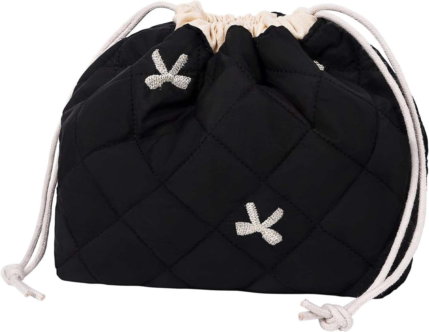 SXS LACONIC Drawstring Makeup Bag,Cotton Quilted Cosmetic Bag, Coquette Cute Organizer, Small Makeup Bag for Purse, Women Girls Portable Travel Cosmetic Pouch, Beige Bow image number 1