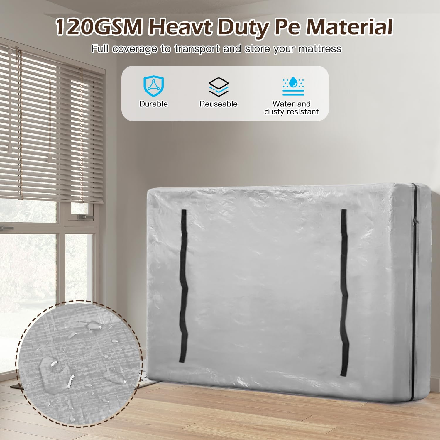 Generic Single Mattress Storage Bags, Reusable Waterproof Polyethylene Mattress Protector Cover with 8 Handles and 2 Zippers (Grey, 195X95X38Cm) image number 6