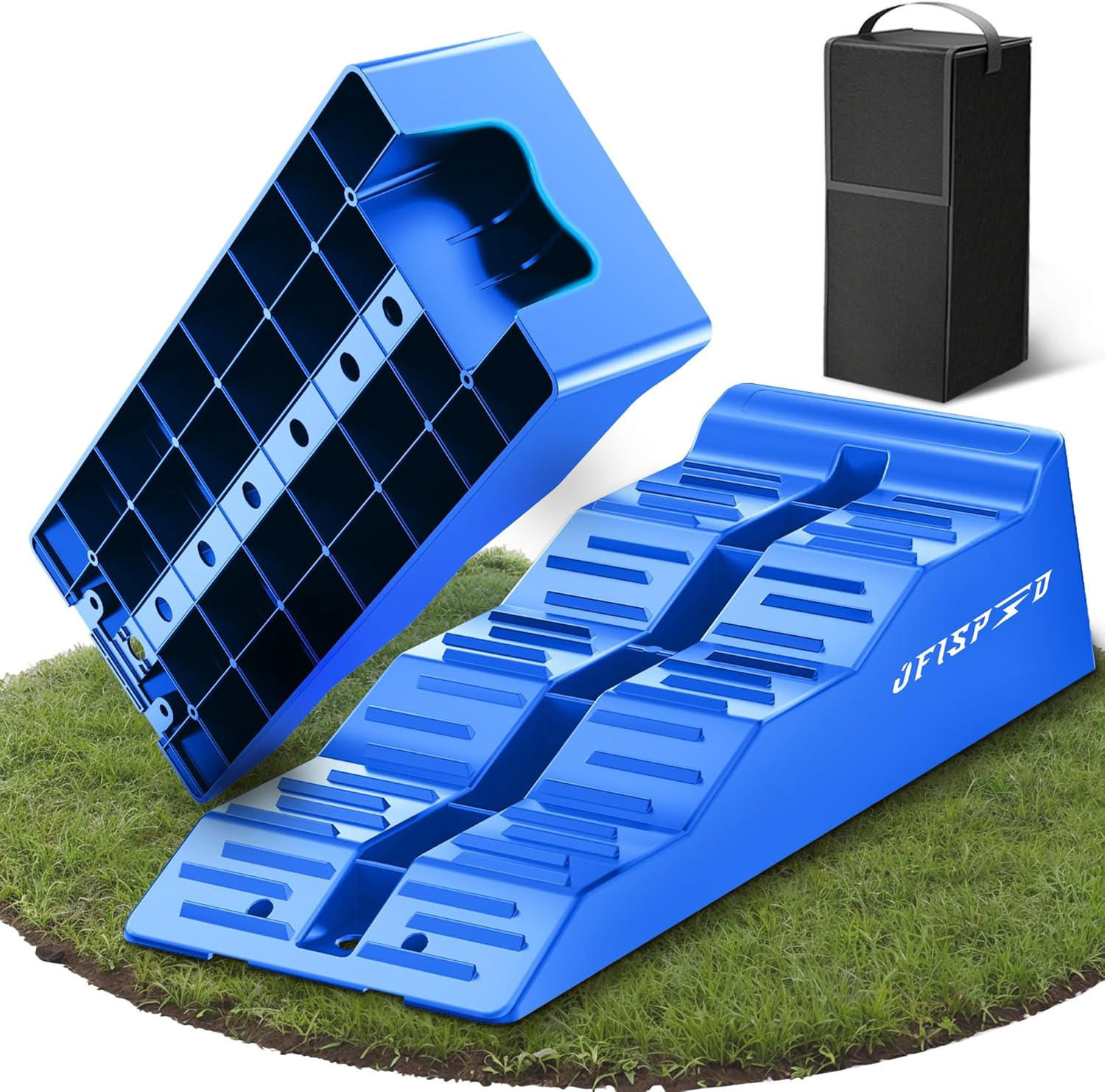 RV Leveling Blocks Ramp Kit, 2 Packs Camper Leveler System for Travel with Two Chocks, 2 Anti-Slip Mats, 1T Bubble Level and Carry Bag, up to 35000 LBS, Easier & Faster to Level Camper-Orange