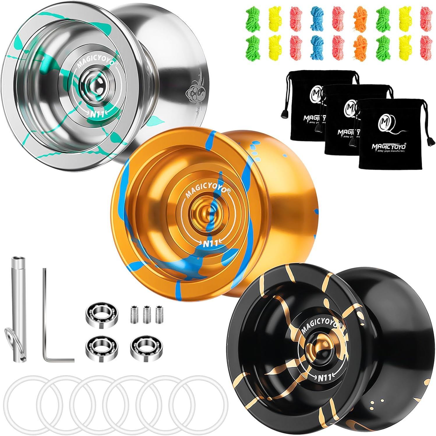 MAGICYOYO N11 Professional Unresponsive Yoyo N11 Alloy Aluminum Yoyo Ball (Black with Golden) with Bag, Glove, 12 Yoyo Strings and Responsive Yoyo Bearing Kit for Dual Purpose Use