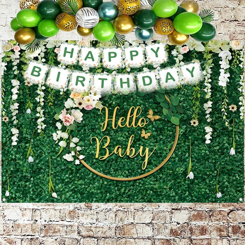 Hello Baby Background for Baby Shower Green Leaves Gender Neutral Children Photography Background Newborn Party Decoration Banner Shooting Prop 150 Cm X 90 Cm image number 3