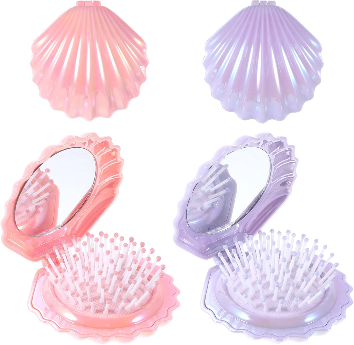 Metallic Shinning Finish Foldable Travel Hair Brush, 2 Pcs Mini Hair Brush with Mirror Shell Shape Portable Hair Brush Pocket Brush Compact Brush Mini Massage Comb Travel Brushes for Hair Women Men image number 4