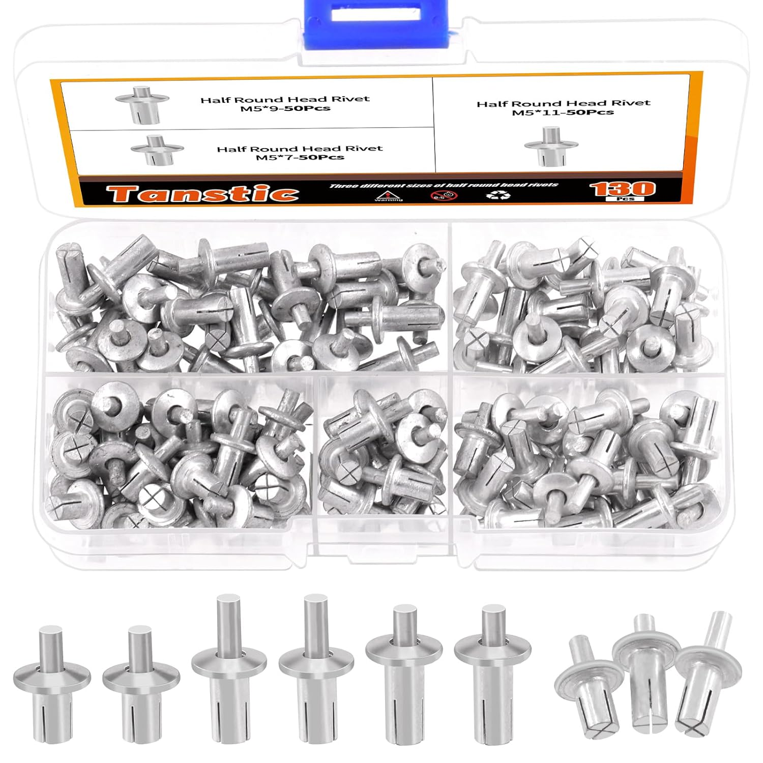 Tanstic 130Pcs 3 Sizes Half round Head Aluminum Core Rivet Drive Rivets Hammer Drive Rivets Knock Type Expansion Aluminum Rivet for Home Industry (M5X7,M5X9,M5X11Mm) image number 4