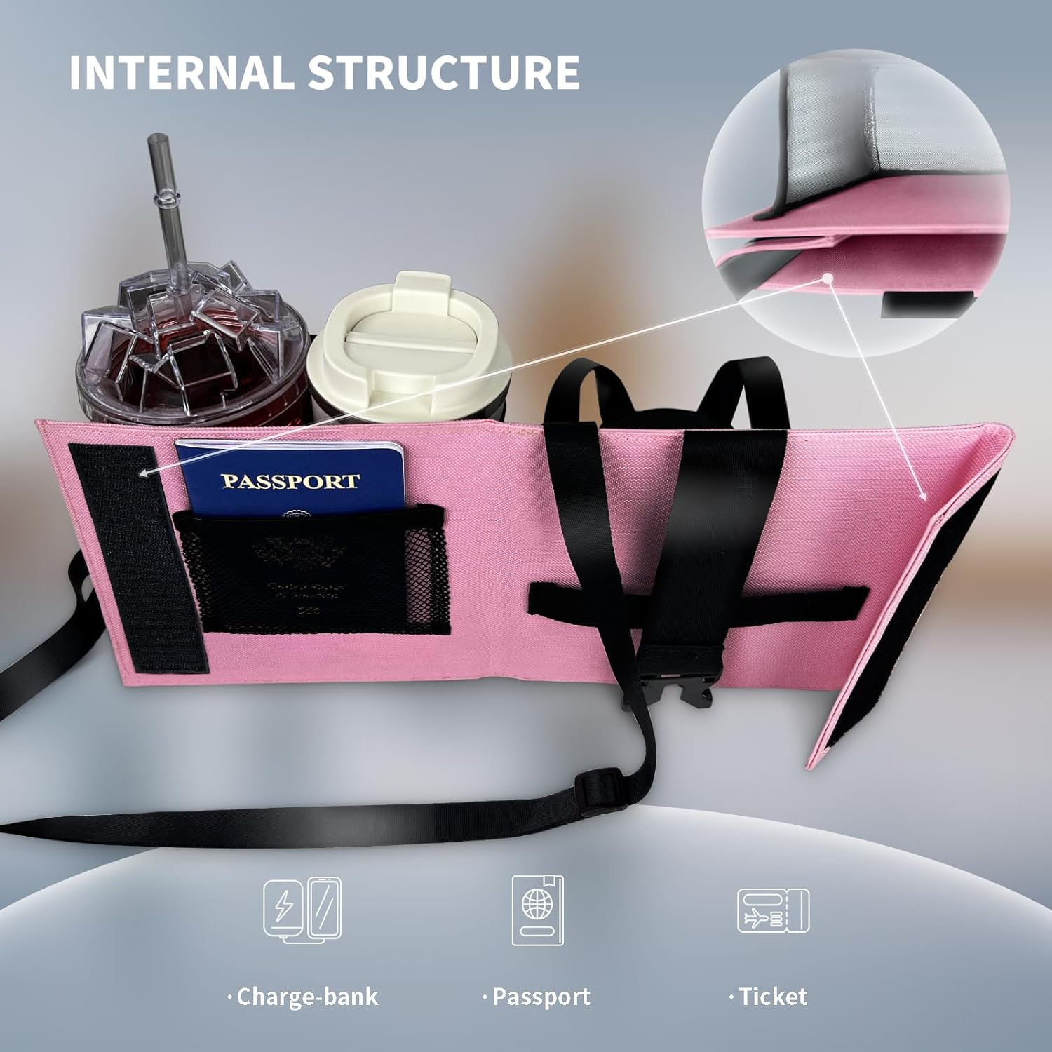 Vethers 3 in 1 Travel Luggage Cup Holder, Luggage Straps, Shoulder Bag for Suitcases Add a Bag，Convenient Travel Carry-On Accessories for Hands-Free Convenience (Pink) - Gray Magnet image number 2