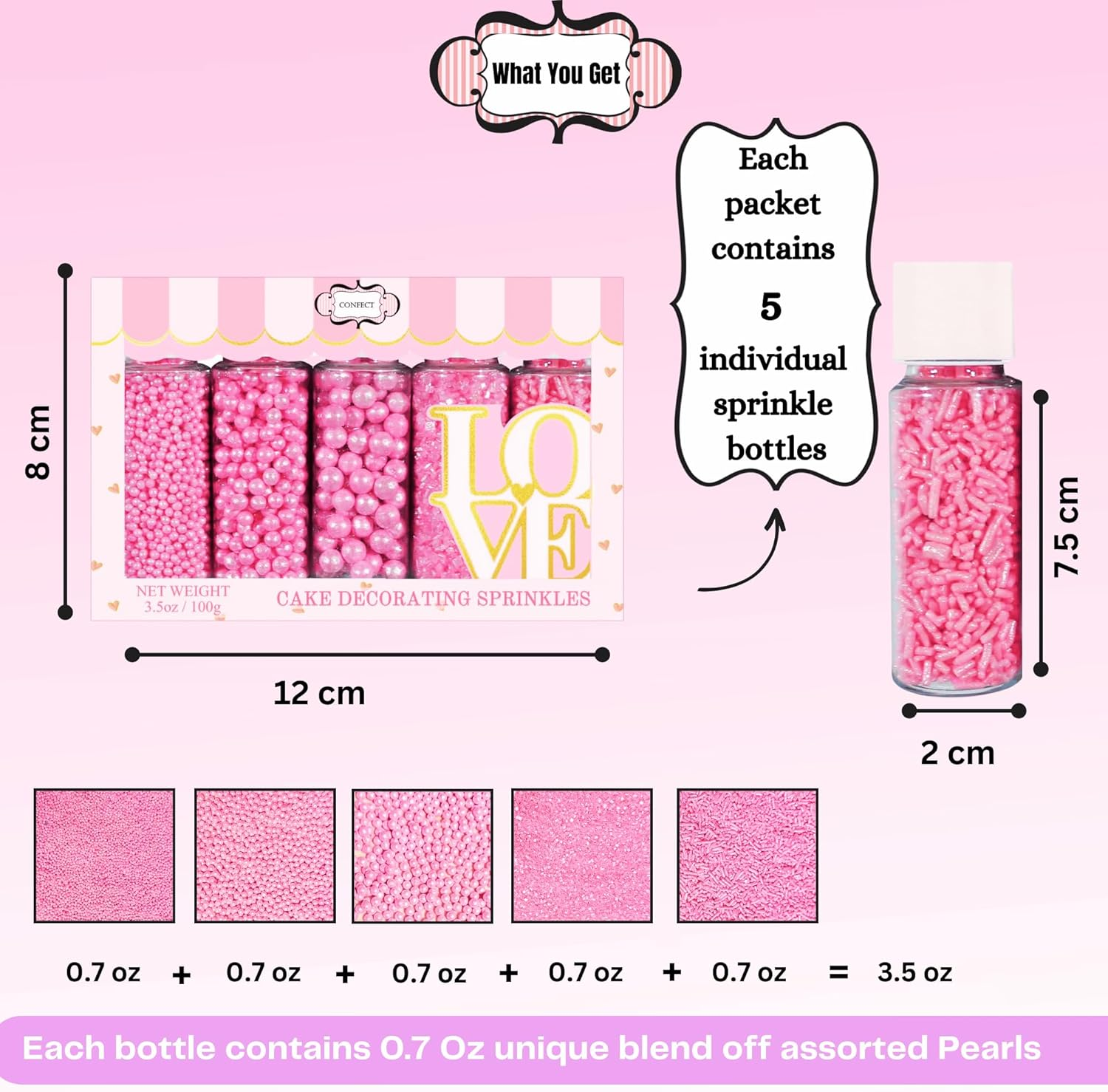 Confect Sprinkles for Cakes & Cupcakes Decoration | Assorted Pack of 5 Girly Dream Baby Shower Pearl Sprinkles | Baby Pink Sprinkles | Edible Mix Dragees, Jimmies & Sparkling Sugar - 3.5 Oz image number 4