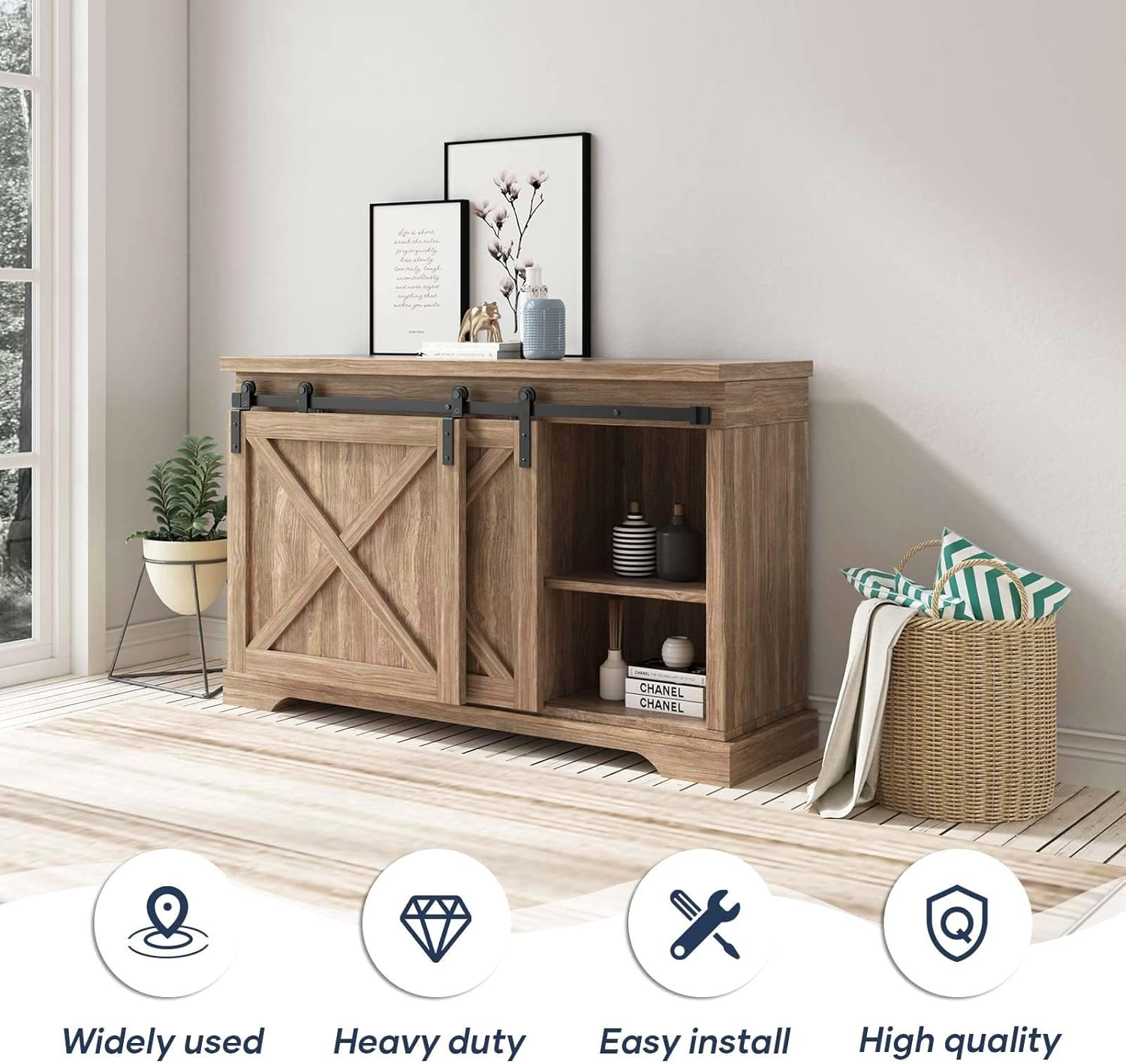 FREDBECK 4 FT Mini Cabinet Bypass Barn Door Hardware Kit Single Track 48Inch Small Sliding Barn Doors Track Kit for Double Doors Storage Closet Window TV Stand Wardrobe (No Cabinet) image number 5