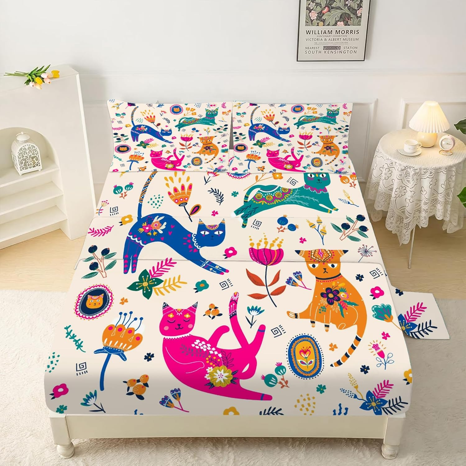 EDGZKO Sheet Set Cartoon Animals: Queen Size Cute Bed Sheets for Toddler Girls Boys Kids Deep Pocket Lovely Fox Bear Lion Flowers 4 Piece Bedding Sets 1 Flat Sheet & 1 Fitted Sheet & 2 Pillowcases