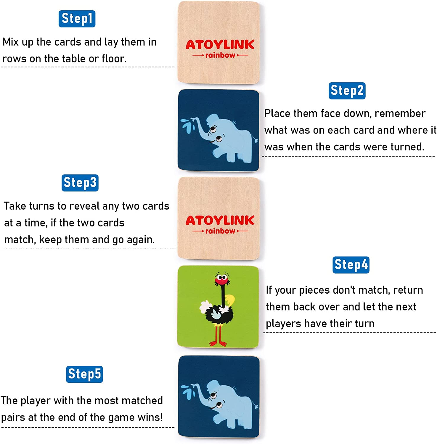 Atoylink Matching Memory Game for Kids 3 and up - 30Pcs Cute Animal Wooden Memory Card Matching Games for Toddler Boys and Girls image number 2