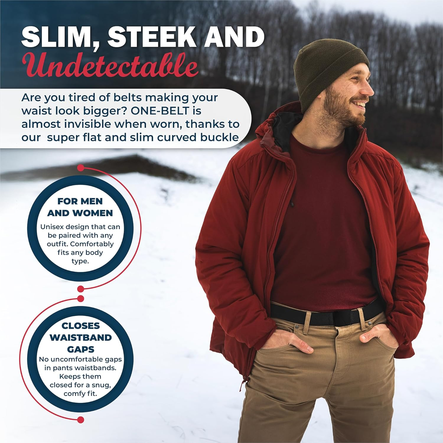 ONE-BELT No Show Invisible Elastic Belts for Women & Men 1.5" Adjustable Non Slip Fits Waist Upto 50 Inch. Designed in USA. image number 5