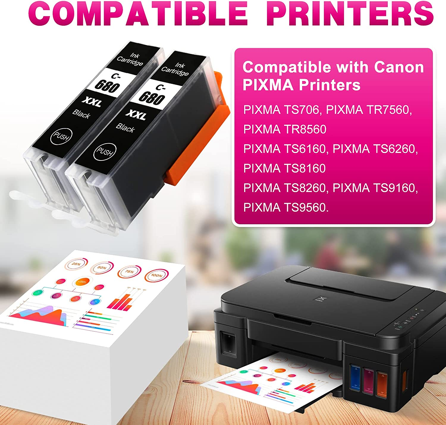 Greenark Compatible Canon 680 Ink Cartridge Replacement PGI-680XXL for Canon PIXMA TR7560 TR8560 TS6160 TS6260 TS8160 TS8260 TS9160 TS9560 TS706 Printer (2 Black) image number 2