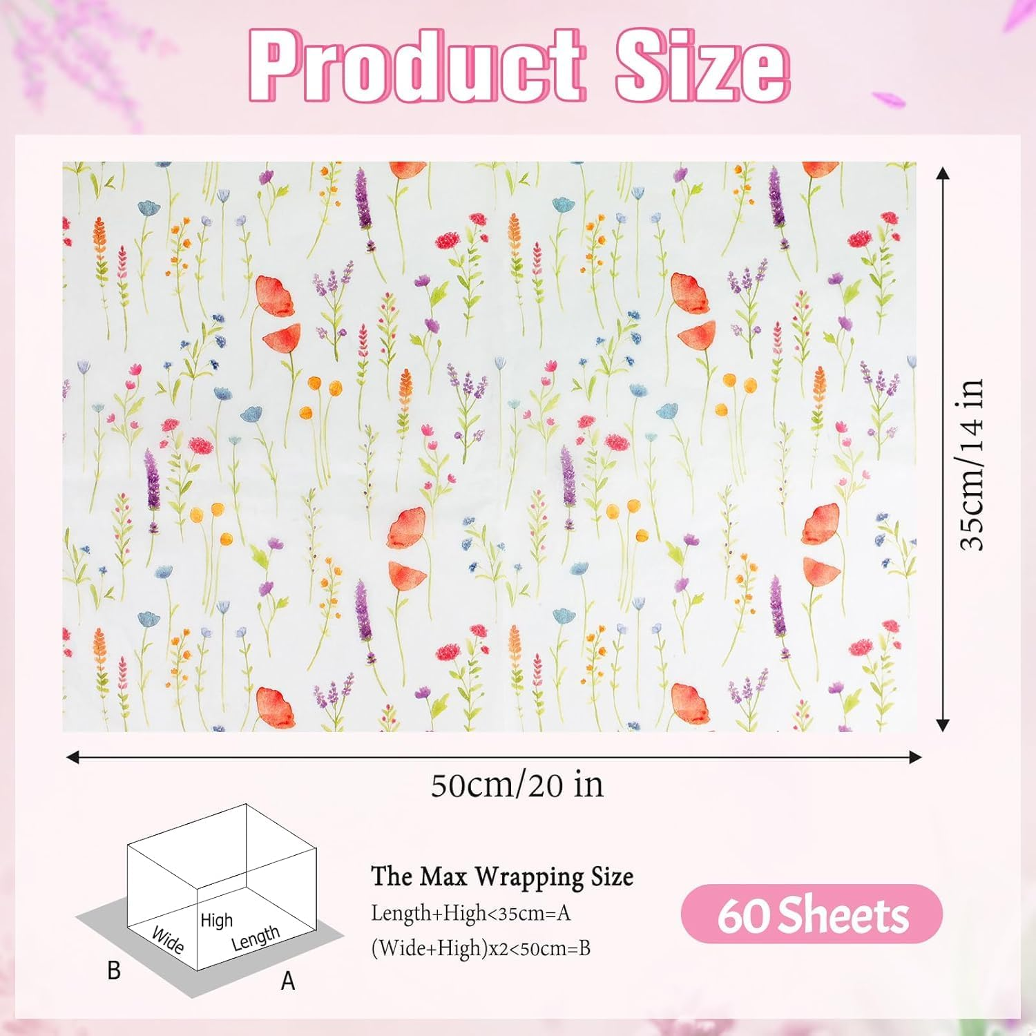 20 Sheets 35 X 50 Cm Lavender Floral Printed Tissue Paper Wrapping, Flower Patterned Tissue Wrapping Paper Bulk for Grils, Her Birthday, Moms Gift Bags Filling Product Wrap image number 4