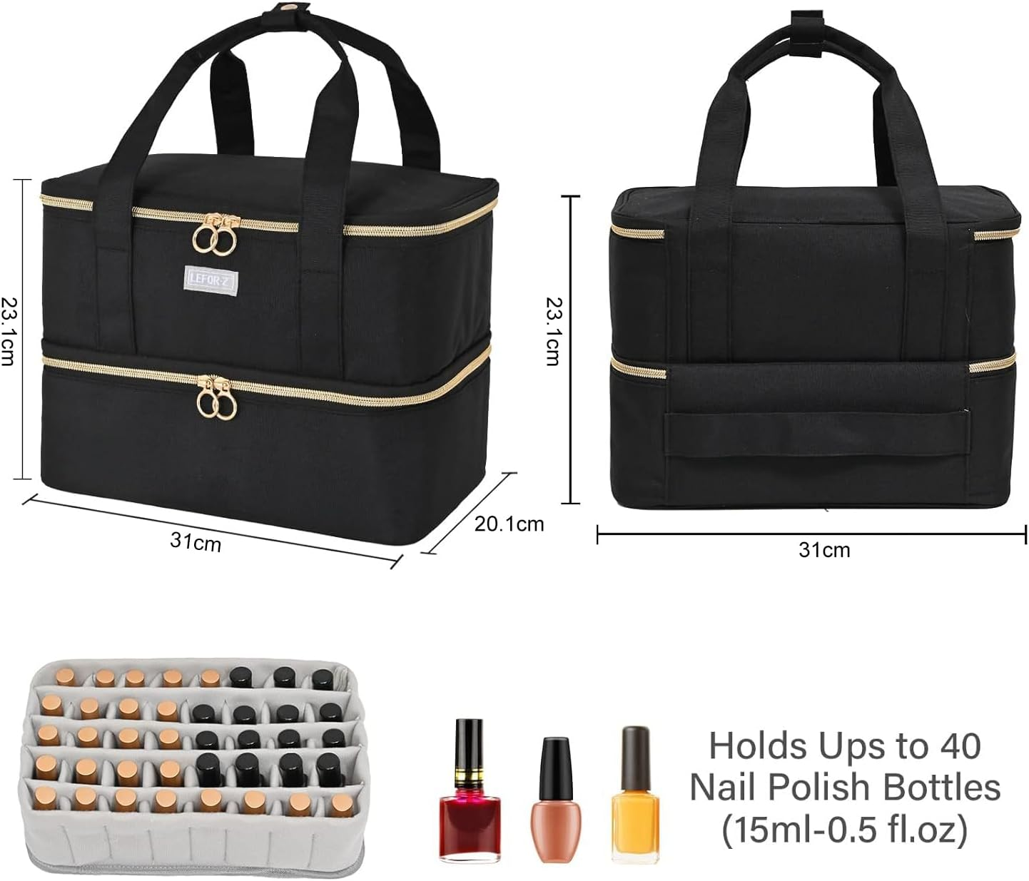 LEFOR&middot;Z Nail Polish Storage Bag, Double Layer Nail Polish Organiser for 40 Bottles (15 Ml - 0.5 Fl.Oz) and 1 LED Nail Lamp, Portable Nail Polish Carry Bag for Nail Design Accessories, Black, S（F&uuml;r 40 - Pink image number 4