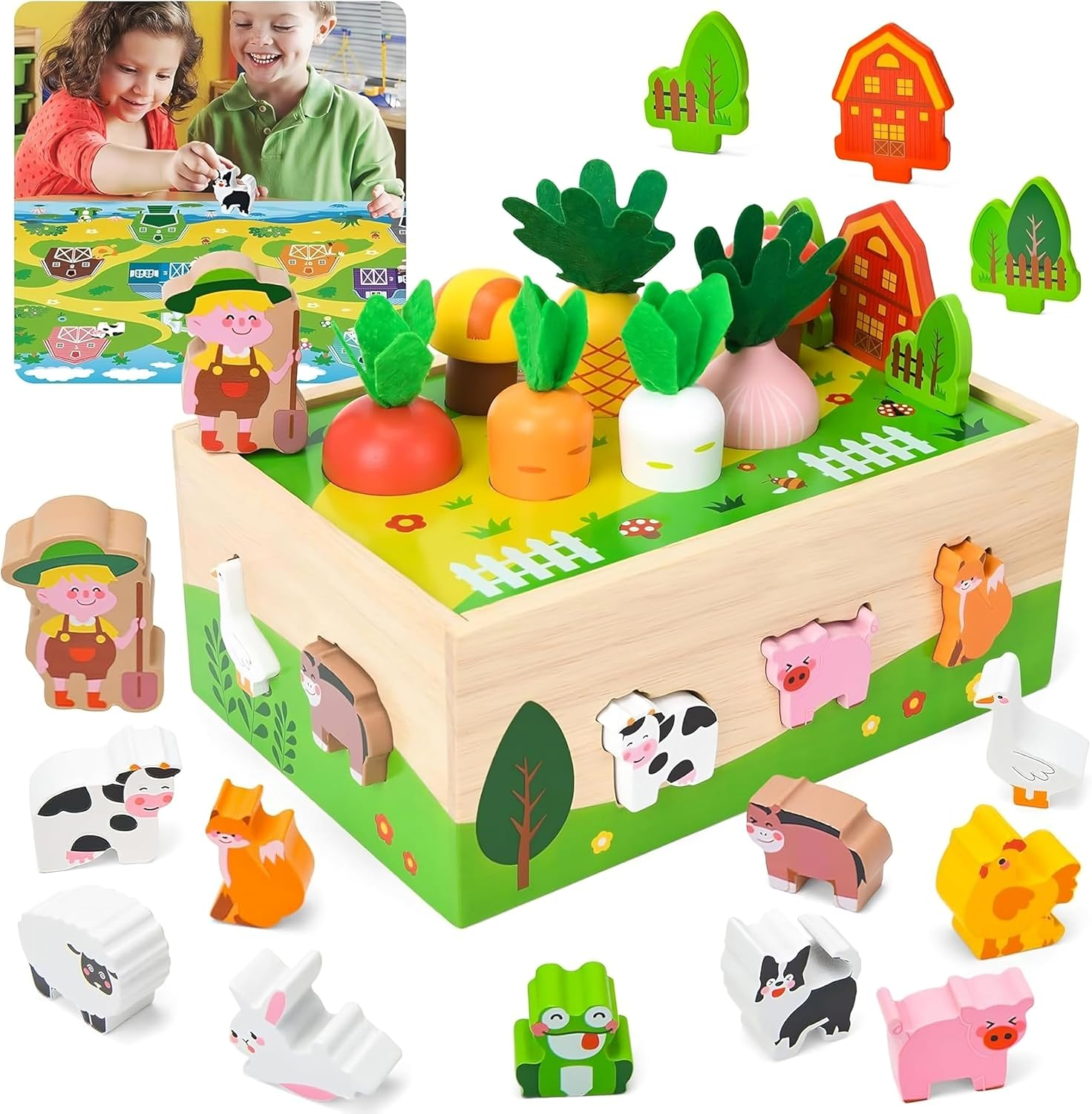Toddler Montessori Toys Age 1-3, Wooden Educational Farm Play Set, Catching & Shape Sorting Car, Birthday 1 2 Year Old Boys Girls image number 1