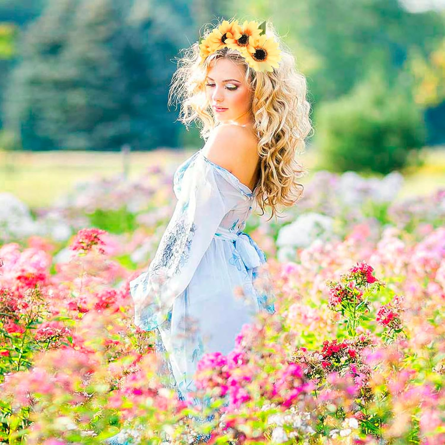 Rigidstone Sunflower Headband, Bohemian Sunflower Headpiece with Sunflower Necklace, Women Flowers Headband for Beach Photography Props Masquerade Party Decoration Pack of 2 image number 5