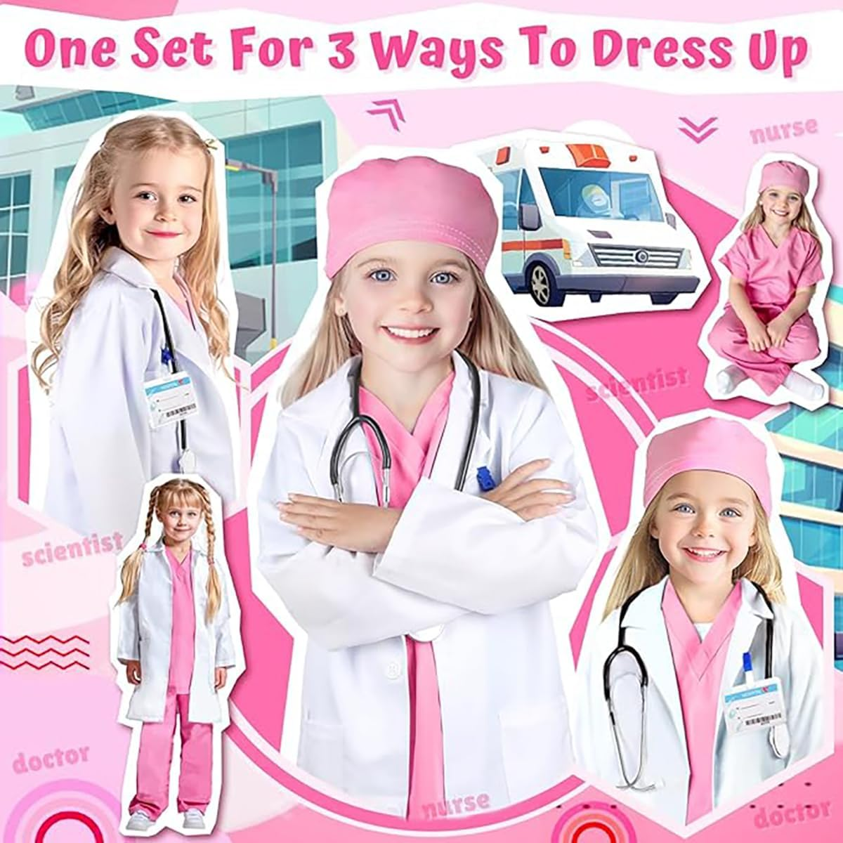 Kids Doctor Costume 7Pcs Kid Lab Coat Doctor Nurse Fancy Dress Costume Set Scrubs with Accessories Halloween Costume for Girls image number 5