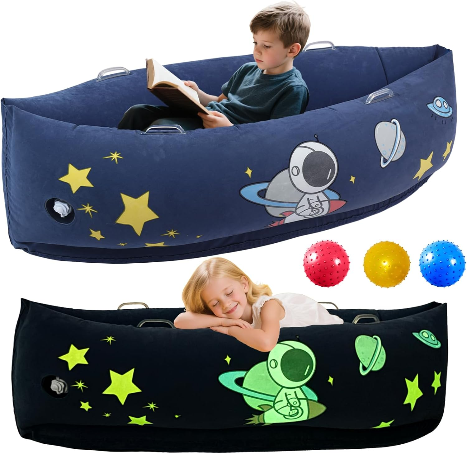 Sensory Chair for Kids, 60" Inflatable Sensory Peapod for Autistic Children, Includes Electric Pump & 3 Sensory Balls, Full Body Calming Pressure, Glow-In-Dark(Dinosaur)