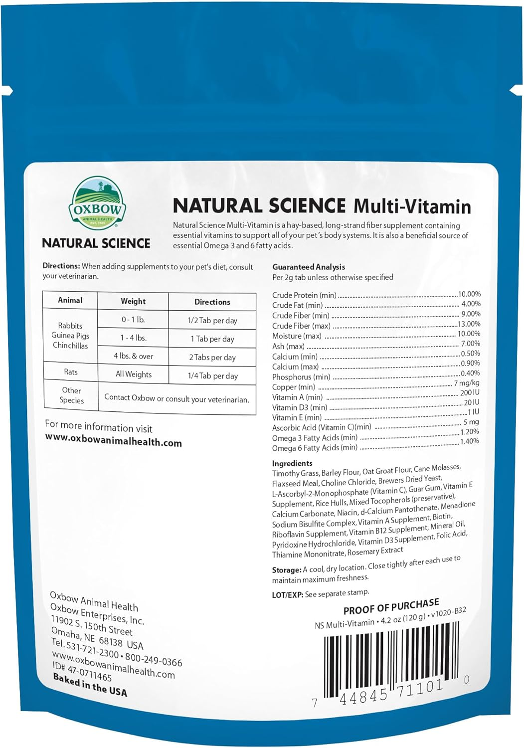 Oxbow Animal Health Natural Science Multi-Vitamin, High Fiber Supplement for Rabbit & Guinea Pig, Made with Timothy Hay, Multi-Pet Households, Omega 3 & 6 Fatty Acids, Made in USA, 4.2 Oz Bag image number 4