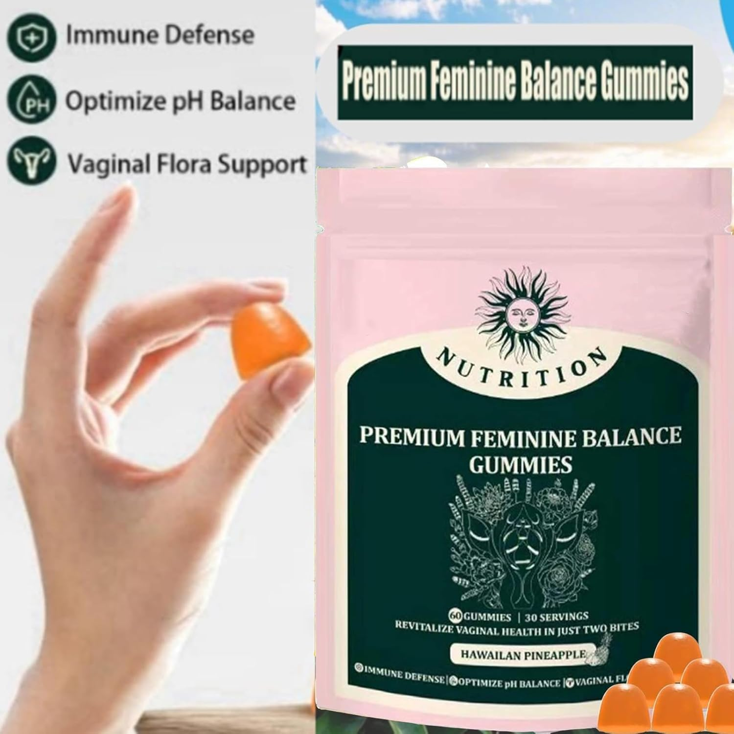 Feminine Balance Gummies,Premium Feminine Balance,Improve Immune,Promotion of Women'S Health,Vegan,Hawaiian Pineapple Flavor - 60 Gummies - 30 Servings image number 4