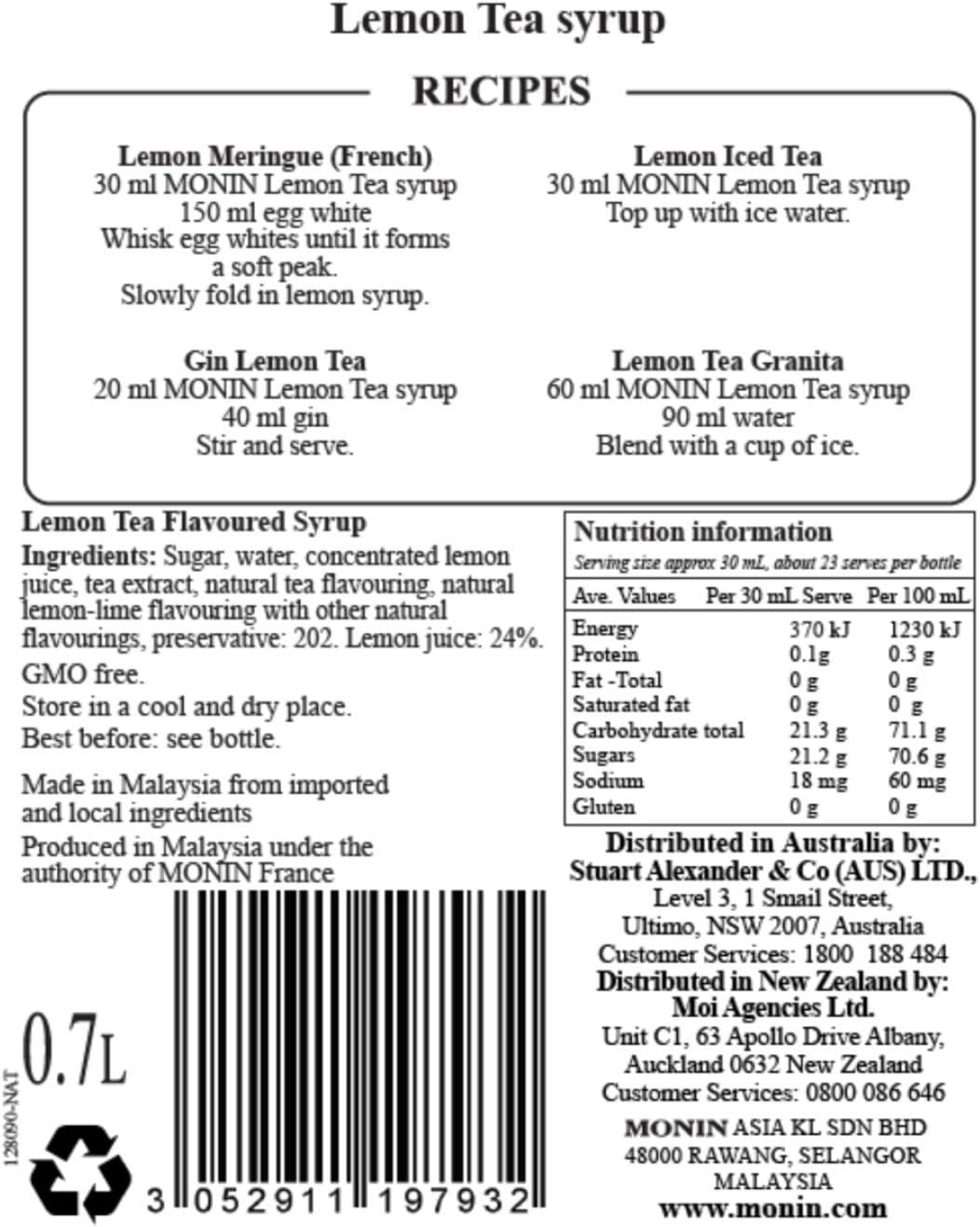 MONIN Lemon Tea Syrup, Balanced Lemon and Tea, Gluten-Free, Vegan, Non-Gmo, 700 Ml, Lemon Tea image number 6