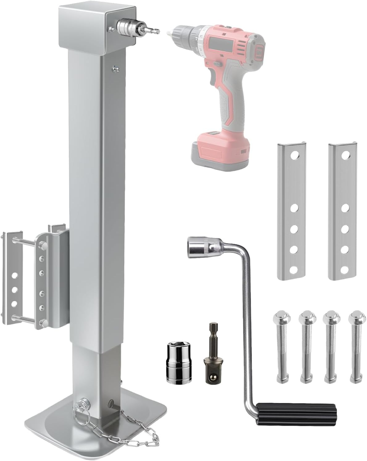 8000 Lbs Heavy Duty Trailer Jack, 28.8" Lift, 20-24V Cordless Drill Compatible, for RV, Boat, Yacht & Utility Trailers, with Manual Crank Handle & Weatherproof Cover, Sliver