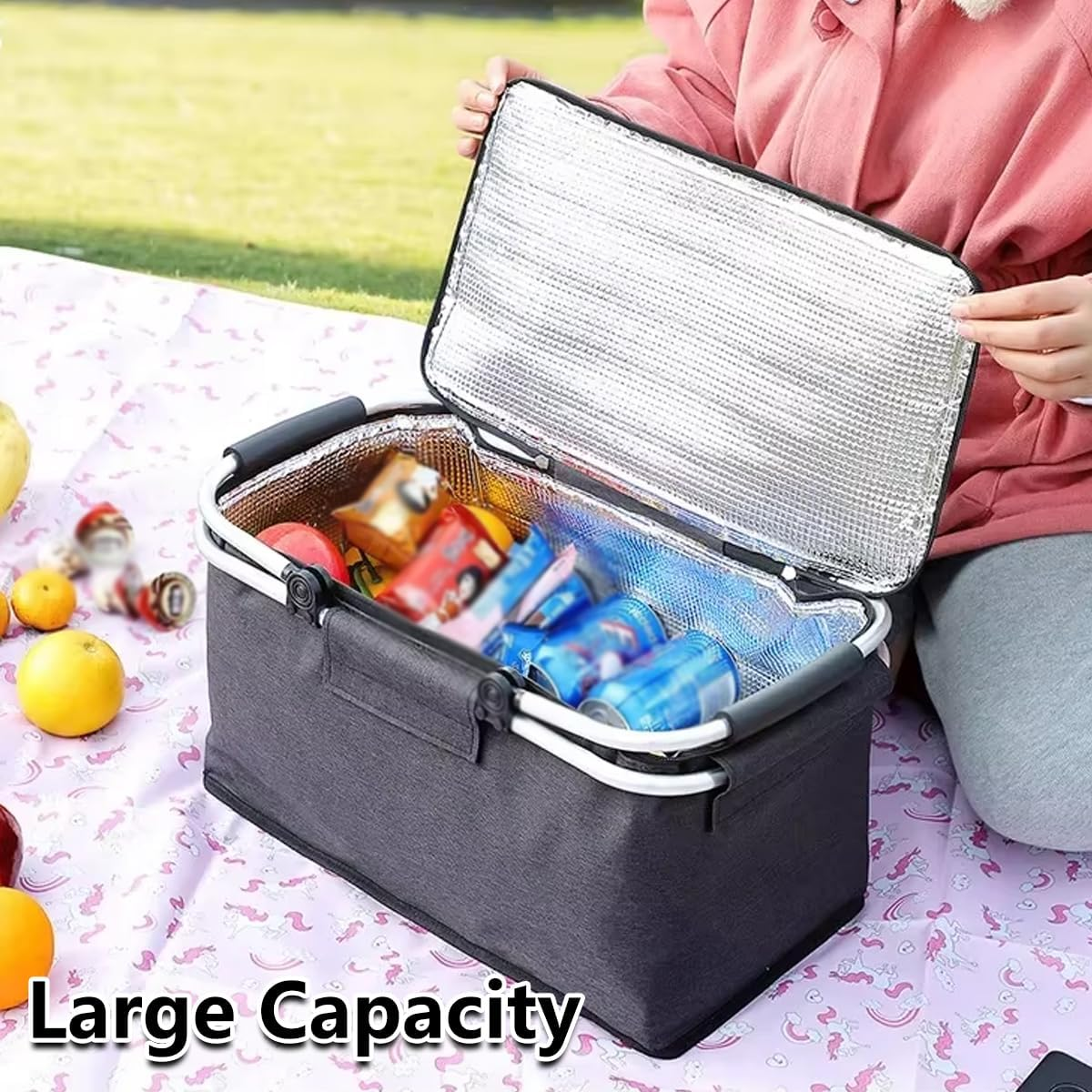 Folding Picnic Basket Oxford Cloth Insulation Basket Multi-Functional Picnic Bag Outdoor Ice Bag Thickened Aluminum Foil Ice Basket Manufacturer image number 6
