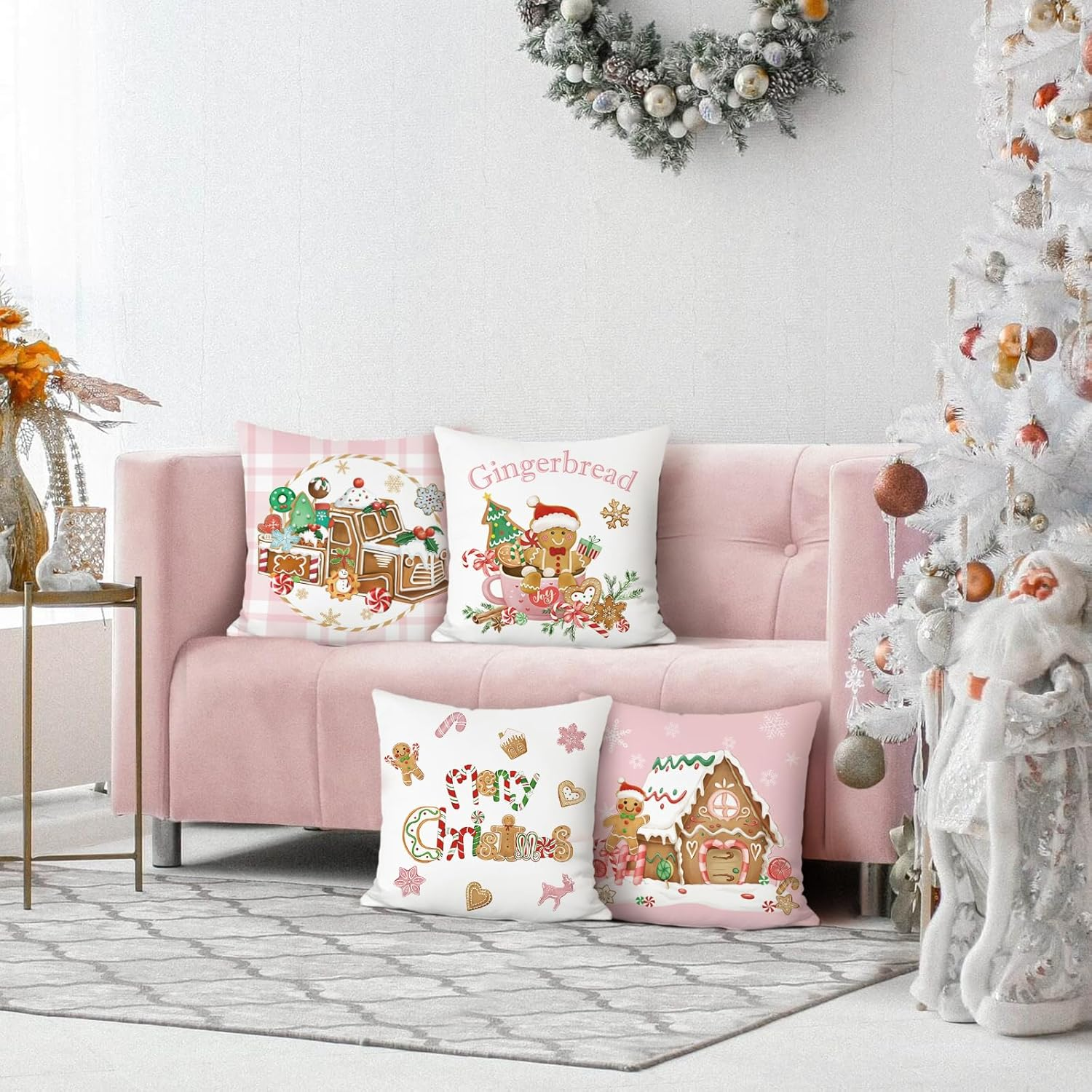 Bonhause Christmas Gingerbread Cushion Covers 45 X 45 Cm Xmas Truck House Hot Cocoa Pink Decorative Throw Pillow Covers for Sofa Bed Home Winter Holiday Decor Set of 4 image number 3