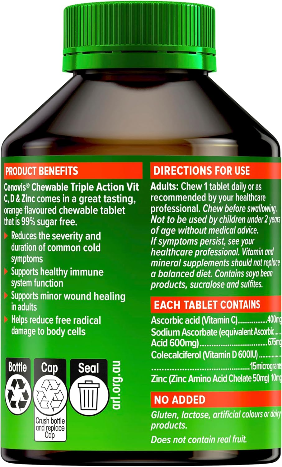 Cenovis Chewable Triple Action Vit C, D & Zinc 120 Chewable Tablets Orange Flavour - Supports Healthy Immune System Function to Help Fight Illness All Year Round image number 3