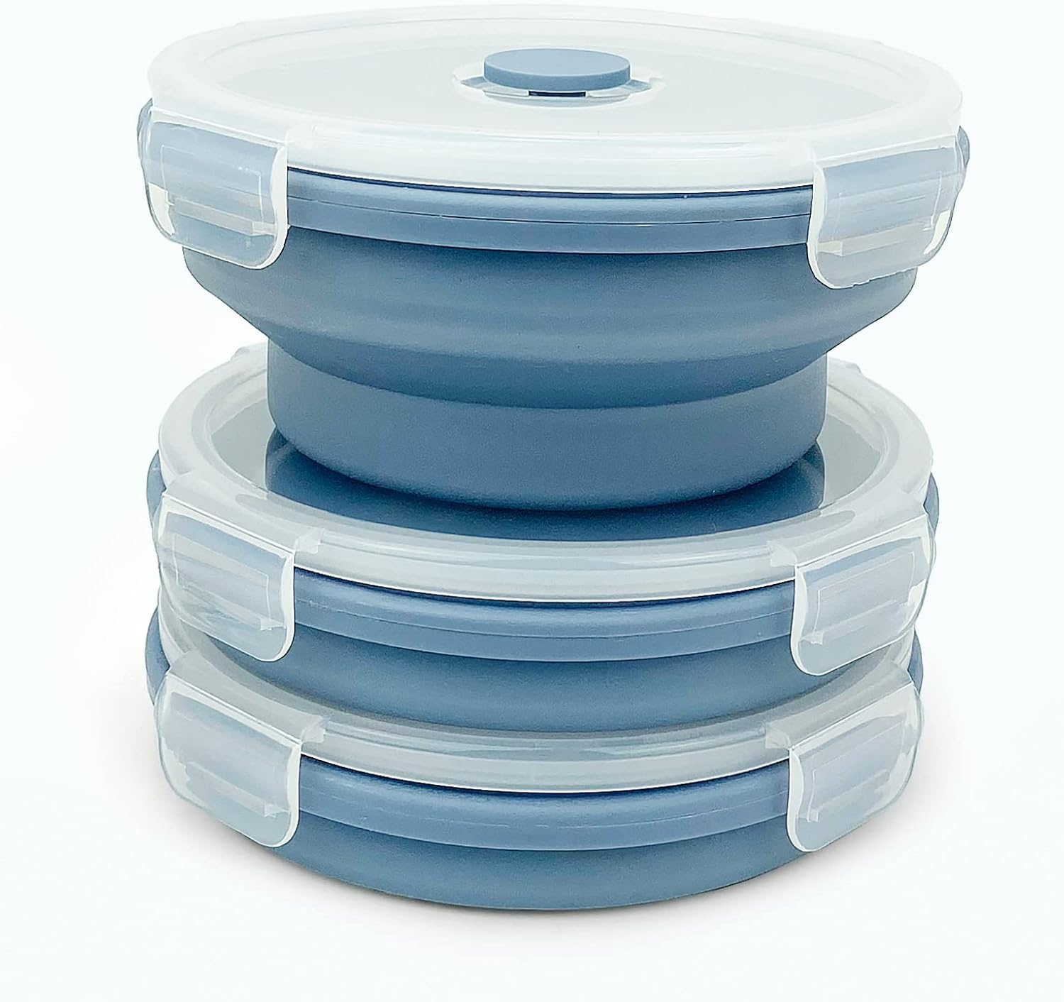 Lunbengo 3Piece Collapsible Bowl with Lids, Microwave Silicone Meal Prep Lunch Containers, Ideal Food Bowls for Snacks, Fruits, Oatmeal, Camping Travel, Round, Blue