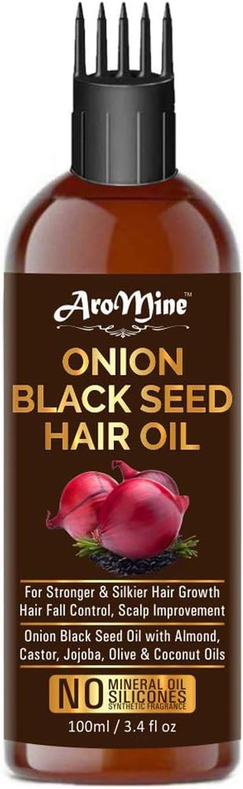 Aromine Onion Blackseed Oil with COMB APPLICATOR - Controls Hair Fall - NO Mineral Oil, Silicones,100Ml image number 3