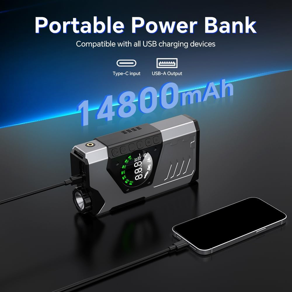 Jump Starter, 3000A Car Battery Jump Starter with Air Compressor, 12V Jump Box with Smart Jumper, Power Pack Portable Battery Jumper Starter with LED Display