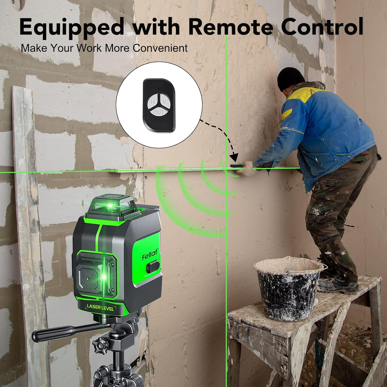 Cross Line Laser 3 X 360&deg;, Cross Line Laser Green Self-Levelling Laser Spirit Level 12 Line Lasers with 2 X 4000 Mah Rechargeable Batteries and Remote Control for Indoor Construction Site image number 6