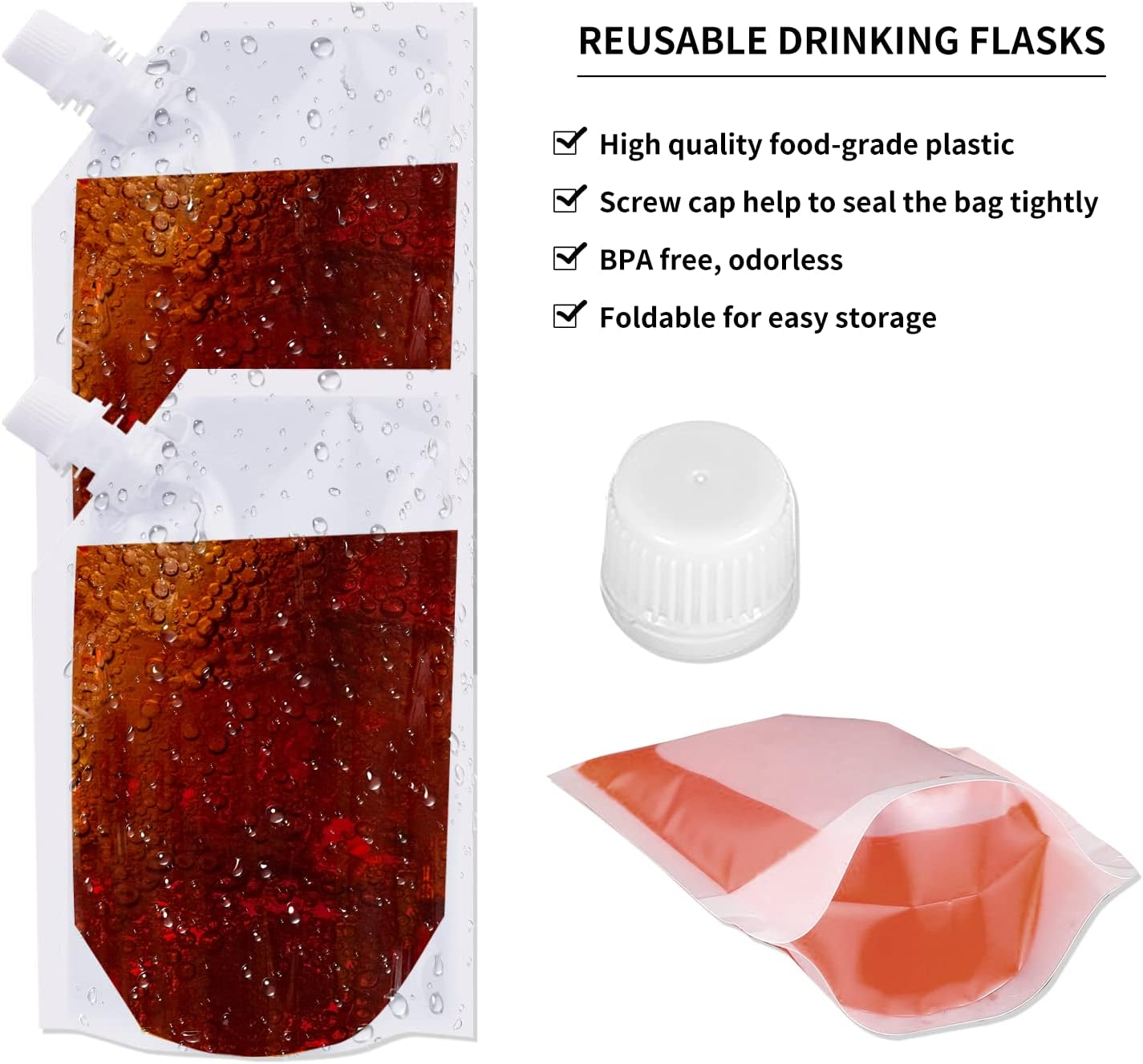 Travel Pouch,10Pcs Plastic Reusable Hip Flask with Spout,Drink Pouches for Festivals Hide Alcohol,Juice, Sneak Booze, Liquor, Rum, Water-350Ml image number 4