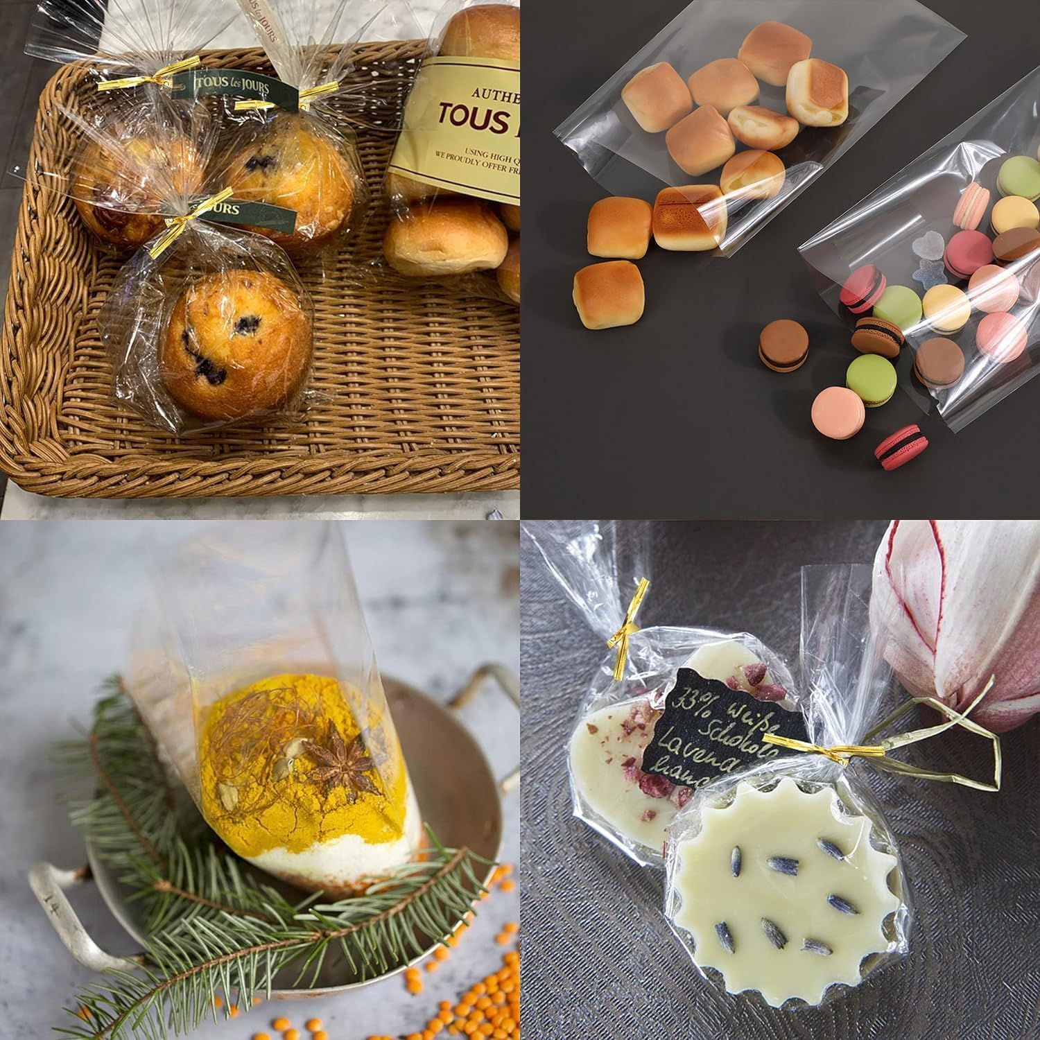 100 Pack of Cellophane Bags (15X20Cm), Cellophane Treat Bags, Clear Cellophane Gift Bags, Cellophane Clear Candy Bags, with 100 Gold Twist Ties for Graduation Birthday Weddings Party image number 2