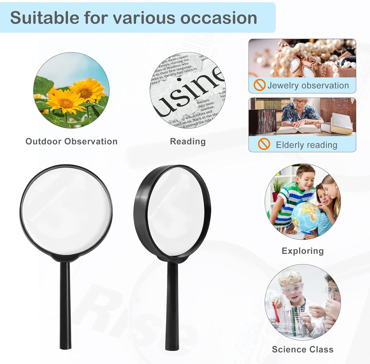 32Pcs Magnifying Glass for Kids, Hand Lens Portable Magnifying Glasses for Science Class, Outdoor Activities, Party, Reading (Black) - Blue,Green,Orange,Pink,Red image number 5