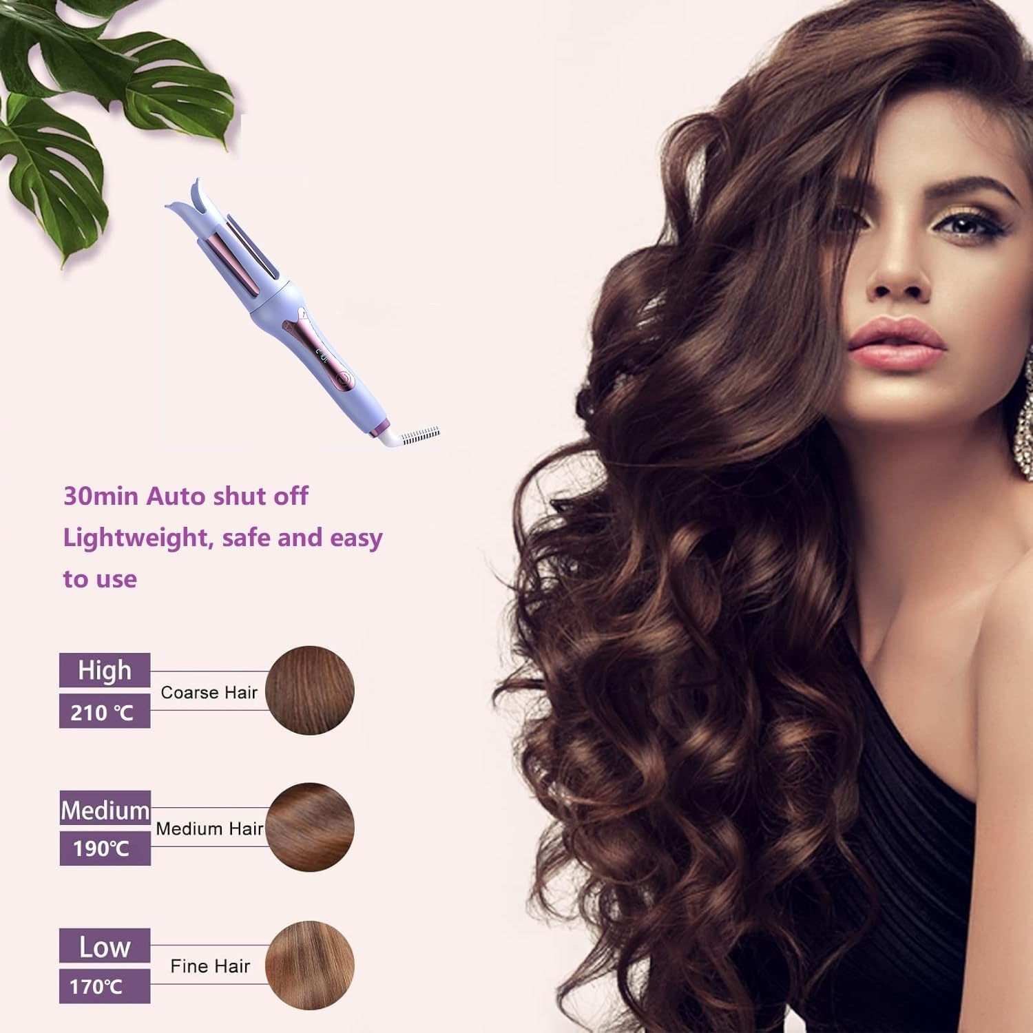 Auto Hair Curler, 32Mm Automatic Curling Iron with 3 Temperature & 3 Timer, Automatic Shut-Off, Anti-Scald, Anti-Tangle Rotating Curling Wand for Hair Styling (Purple) image number 3