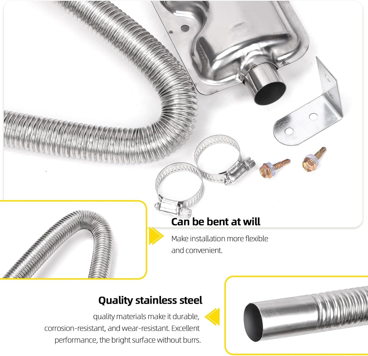 2.5CM/1&rdquo; Parking Air Heater Exhaust Pipe, Stainless Steel, Flexible Exhaust Tubing with Muffler, Diesel Heater Exhaust Pipe Tube, Silver, 8Pcs image number 6