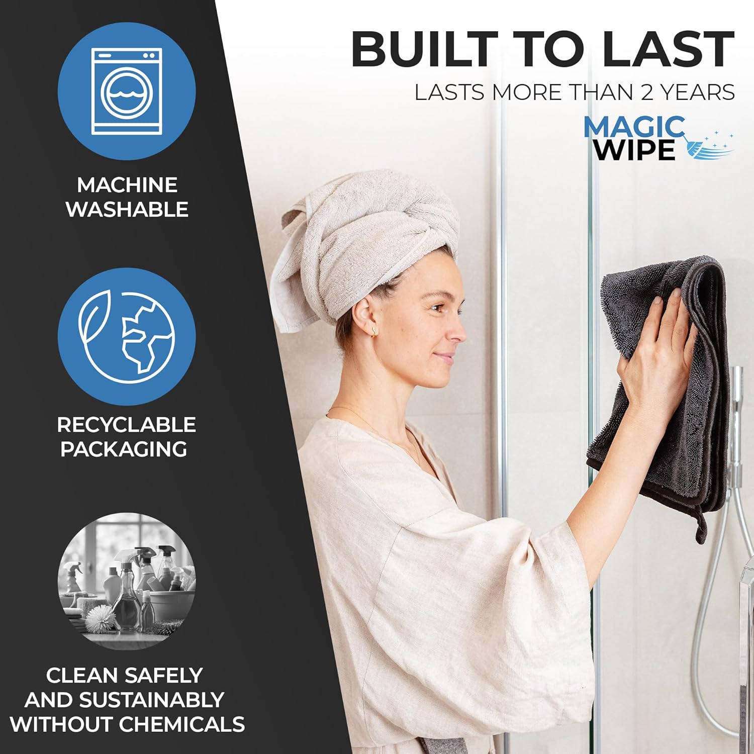 MAGIC WIPE&reg; Bathroom Drying Cloth XXL - 4 Pack 40 X 60 Cm Original All Purpose Microfibre Cleaning Cloth - Streak & Lint Free Cloth, Premium Quality Drying Towel for Bathrooms, Kitchen, Mirrors, Car image number 2