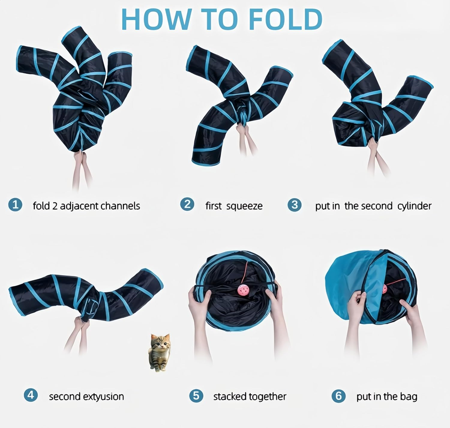 ELECLAND Cat Tunnel for Indoor Cats Large, with Play Ball S-Shape 5 Way Collapsible Interactive Peek Hole Pet Tube Toys, Puppy, Kitty, Kitten, Rabbit (Blue & Black) image number 4
