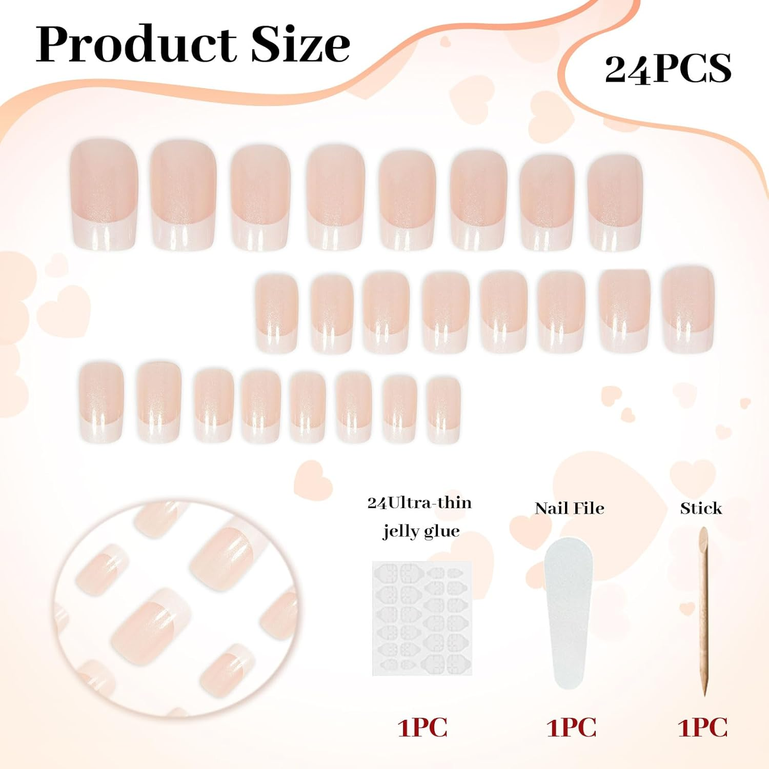 Lunarcharm 24Pcs Medium Square Push on Nails Simple White Glitter French Style False Nails Cute Full Cover image number 2