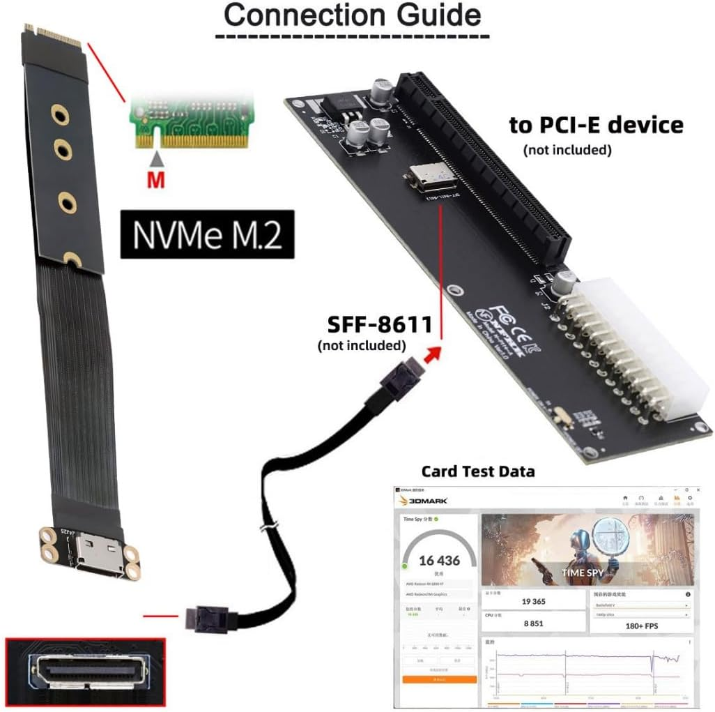 Chenyang Oculink SFF-8612 to PCI-E 4.0 NVME M.2 M-Key Host Ribbon Flex Extension Cable Adapter Support 2230/2242/2260/2280 for External Graphics Card & SSD